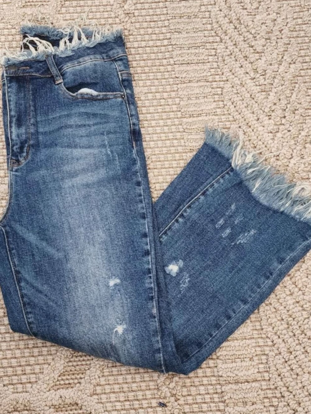 RISEN Cropped Frayed Hem Blue Denim Ankle Jeans